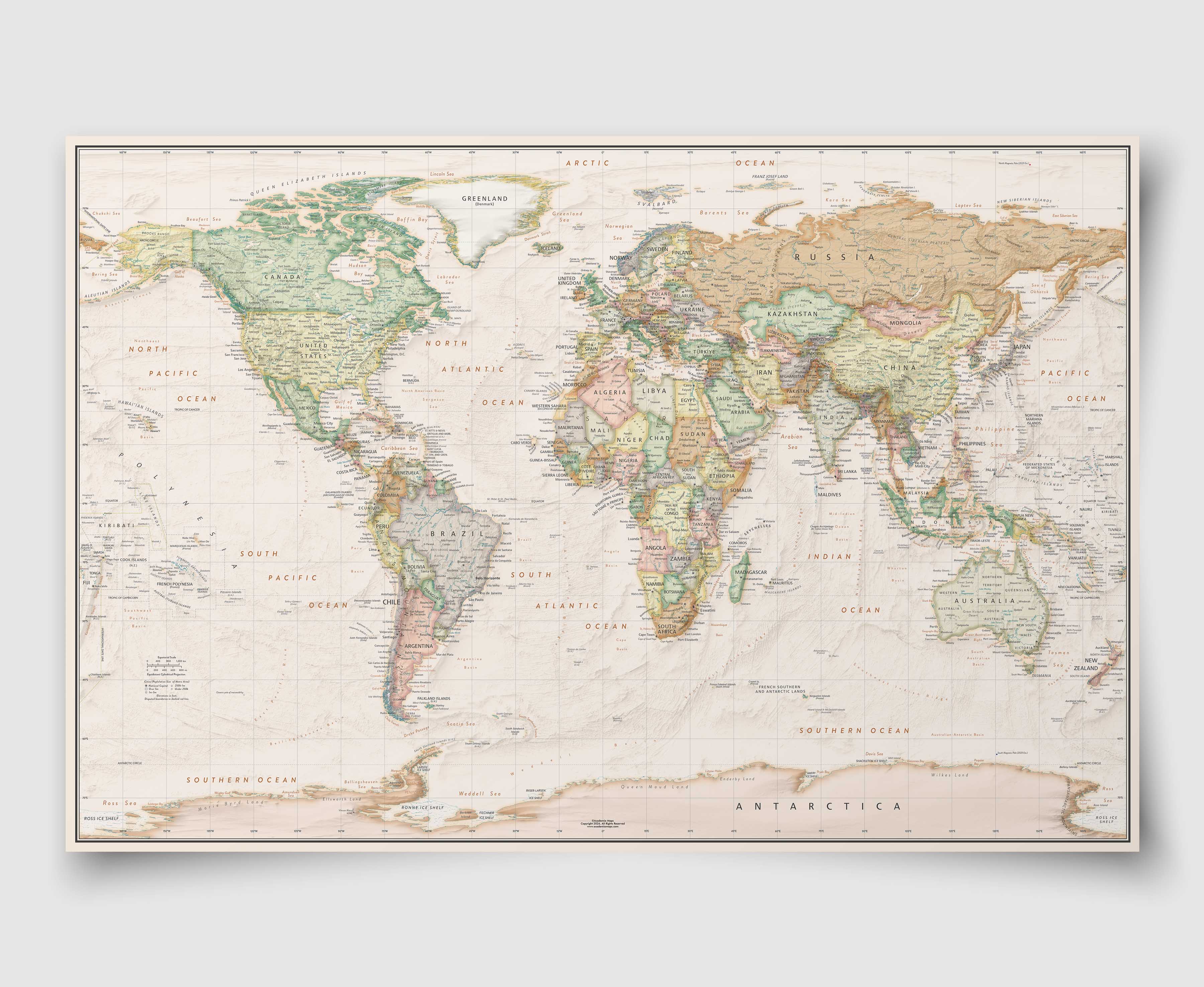 Beige Oceans Antique Style World Political Wall Map | World Maps