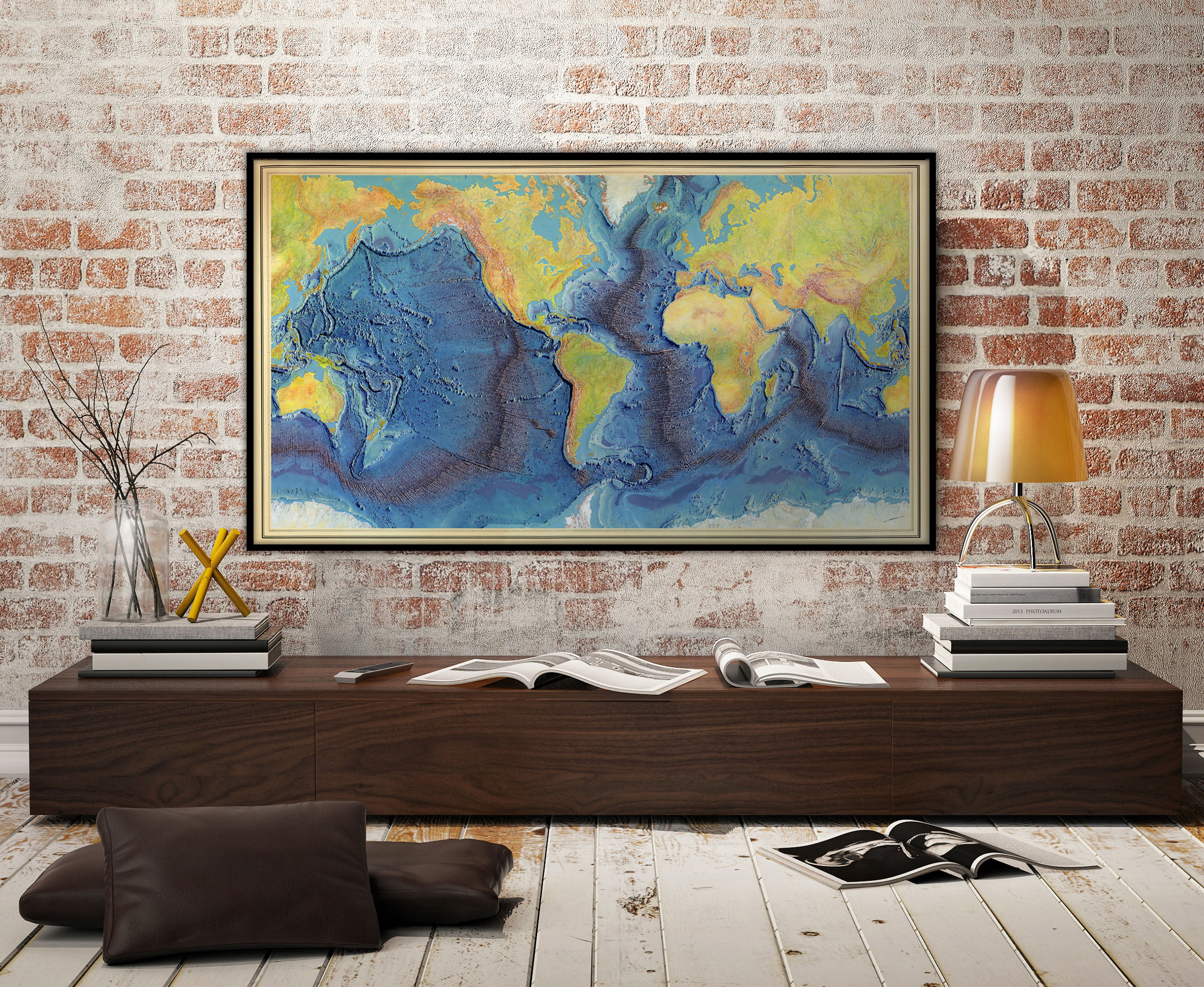 Vintage World Ocean Floor Map 1977 - Bathymetry Map by Heezen