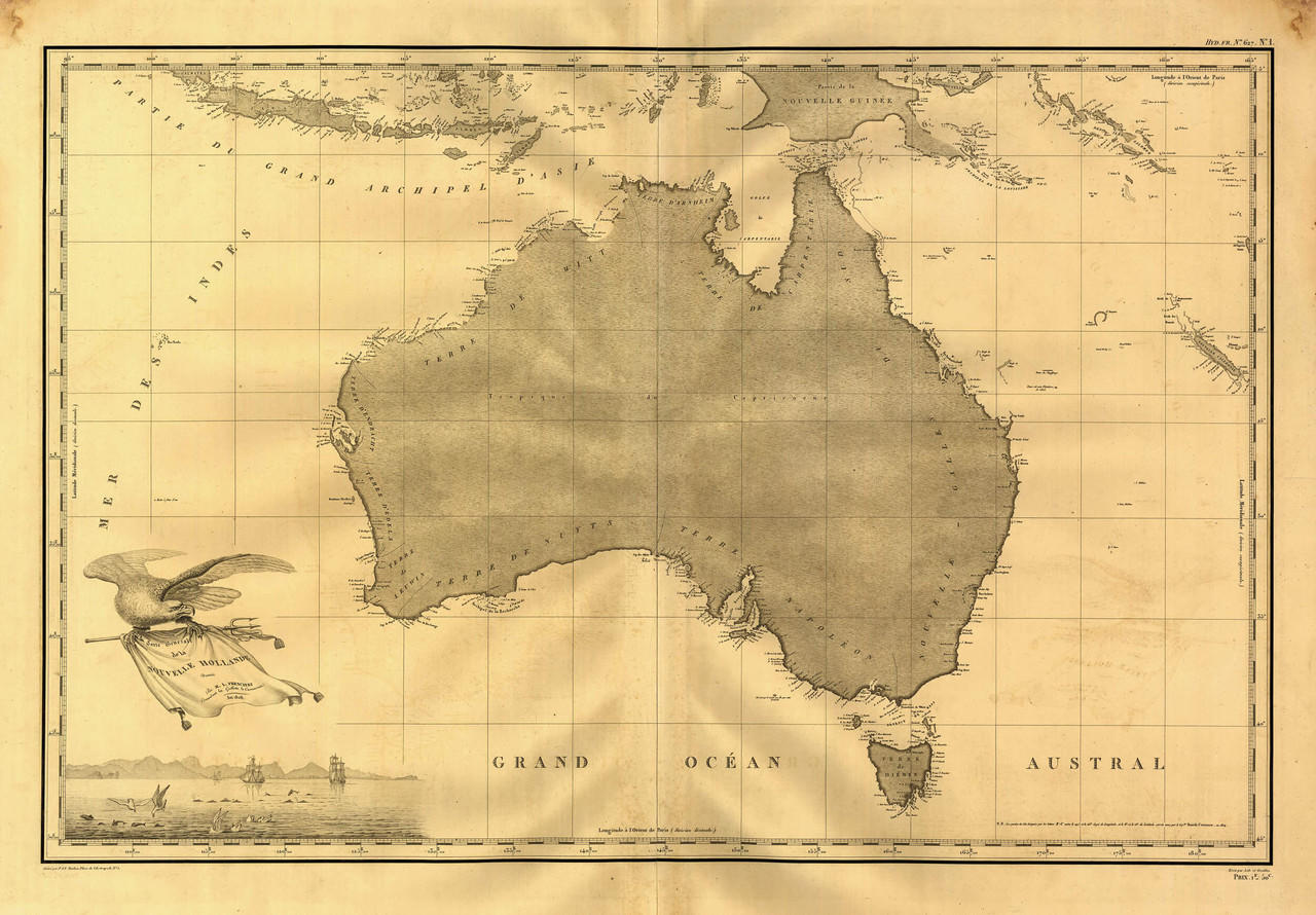 レトロ地図オーストラリア　アデレードブリスベンSingaporeMalaysia Australia Vintage Map Print (1808)| World Maps Online