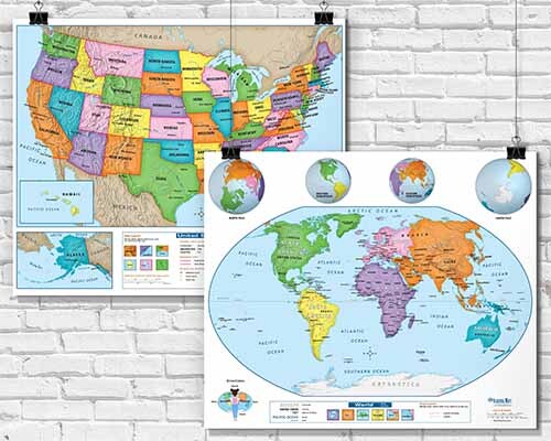 US & World Laminated Classroom Wall Map sets