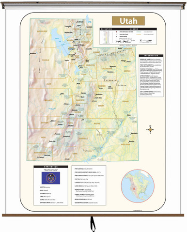 Utah Large Shaded Relief Map on Spring Roller from Kappa Maps | World ...