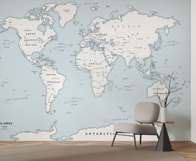 Soft Blue Ocean Simple World Map Mural - Removable Wallpaper Map
