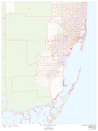 Miami-Dade County, Florida ZIP Codes Wall Map