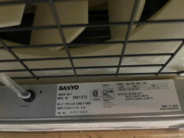 SANYO INDOOR MINI SPLIT TYPE AC MODEL XMS1272 WE SHIP