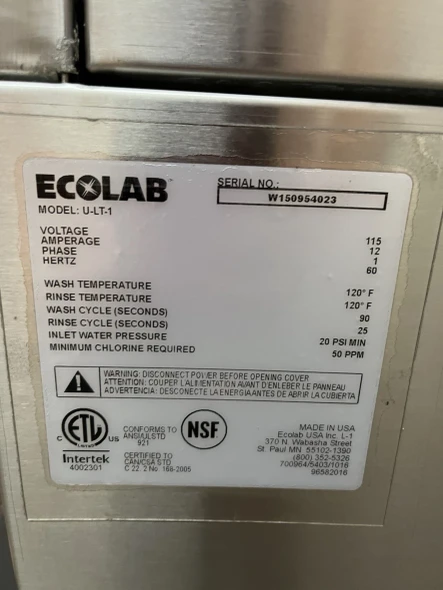 ECOLAB UNDERCOUNTER DISHWAHSER U-LT-1 TESTED & WORKS