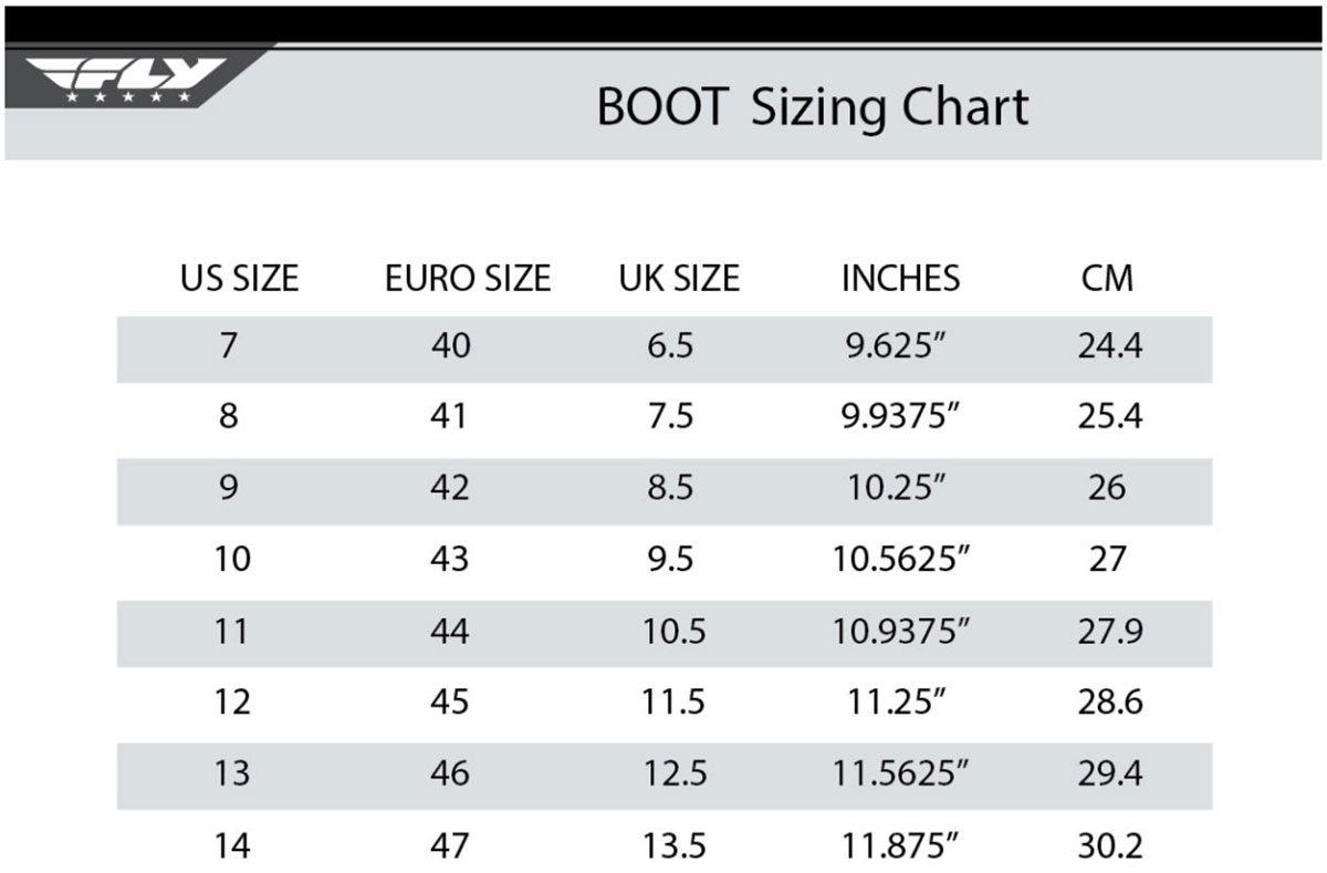 Fly Racing Boots Size Chart