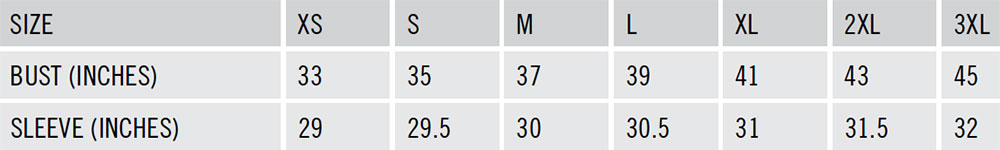 Icon Jacket Size Chart