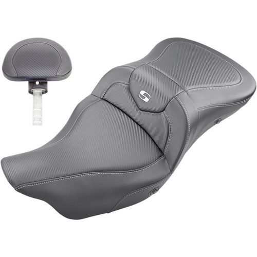 Saddlemen Heated Road Sofa Seat with Backrest for 2008-2023 Harley Touring - Carbon Fiber