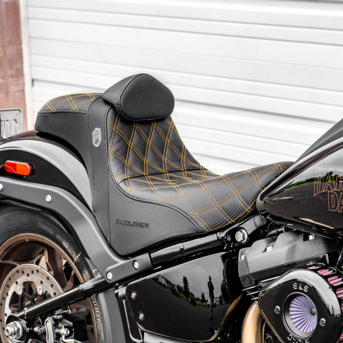San Diego Customs Pro Series Performance Gripper Seat with Backrest for 2018-2024 Harley Softail FXLR/FLSB - Gold Stitch