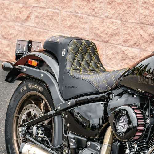 San Diego Customs Pro Series Performance Gripper Seat for 2018-2024 Harley Softail FXLR/FLSB - Gold Stitch