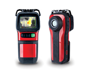 Avon Protection Mi-TIC 320 thermal imaging camera in red and black, front view with a thermal image on the display and lens-side view