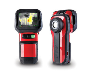 Avon Protection Mi-TIC S thermal imaging camera in red and black, front view with a thermal image on the display and lens-side view