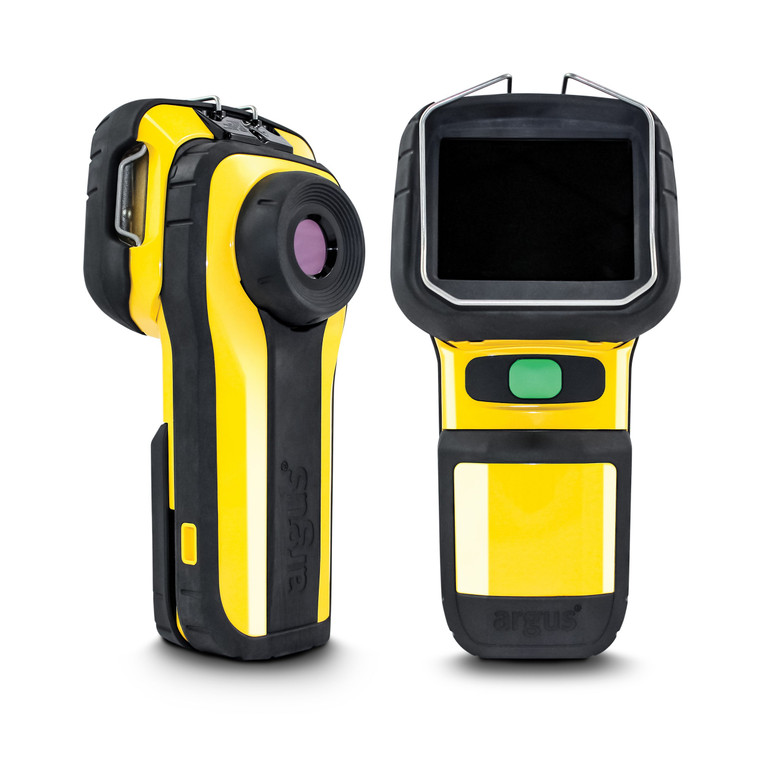 Avon Protection Mi-TIC E L thermal imaging camera in yellow and black, lens-side view and front view showing the single green button