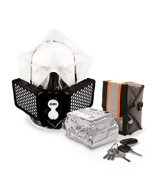 Avon Protection NH15 escape hood shown with its foil barrier pack and grey hi-vis case with orange bands