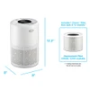 Air purifier is 12.2 inches tall and 8 inches in diameter. Includes 1 filter that lasts 6 to 12 months, replacement filter model 12100 available