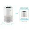 Air purifier is 12.2 inches tall and 8 inches in diameter. Includes 1 filter that lasts 6 to 12 months, replacement filter model 12100 available