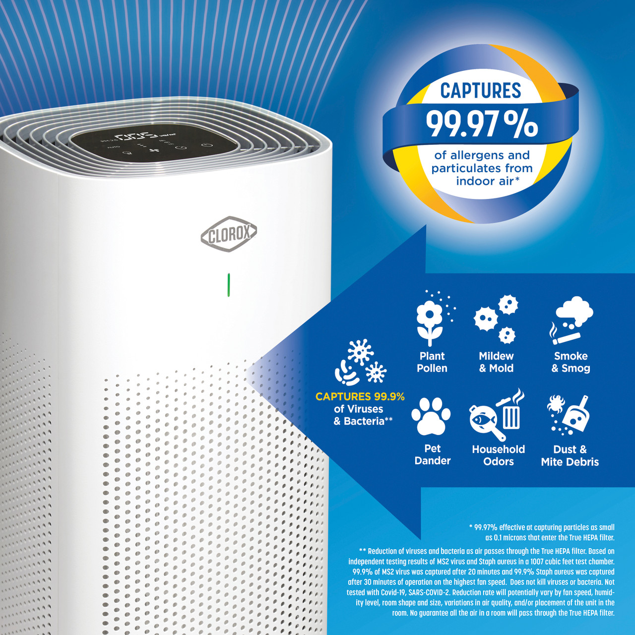 With the Clorox Large Room Air Purifier, you can breathe easier. True HEPA filtration captures 99.97%* of particles as small as 0.1 microns and 2 additional filters to capture larger particles and odors.