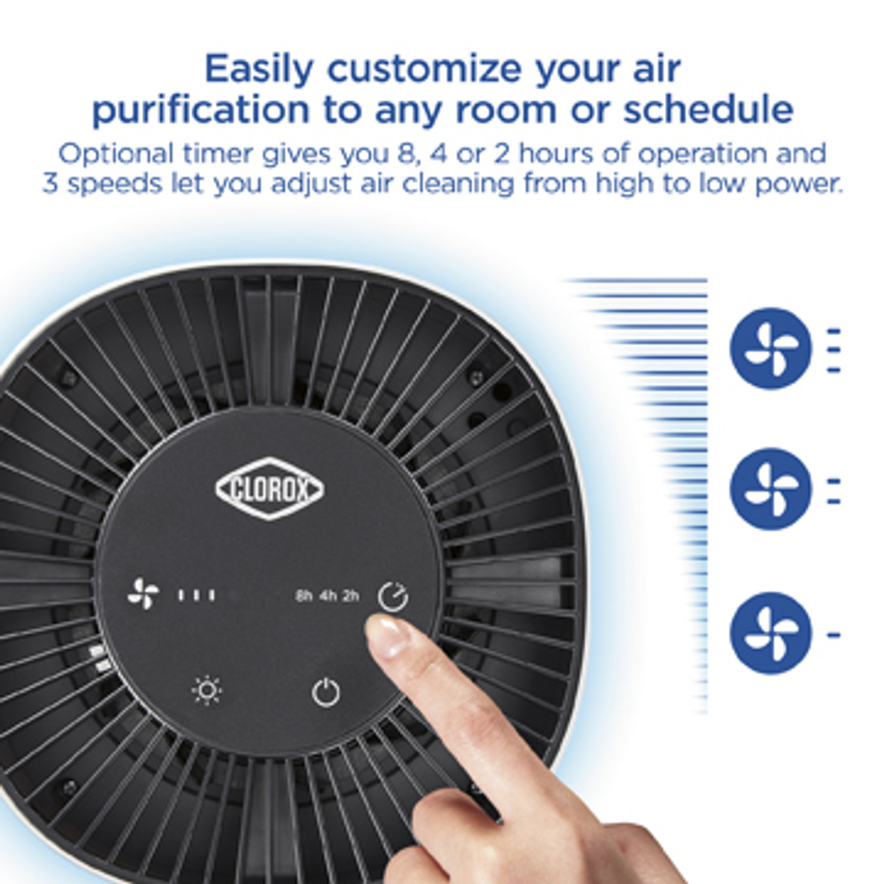 This True HEPA air purifier has 3 speeds to let you customize air care to your needs. The optional timer lets you set air cleaning to your schedule — simply choose from 8, 4 or 2 hours of operation.