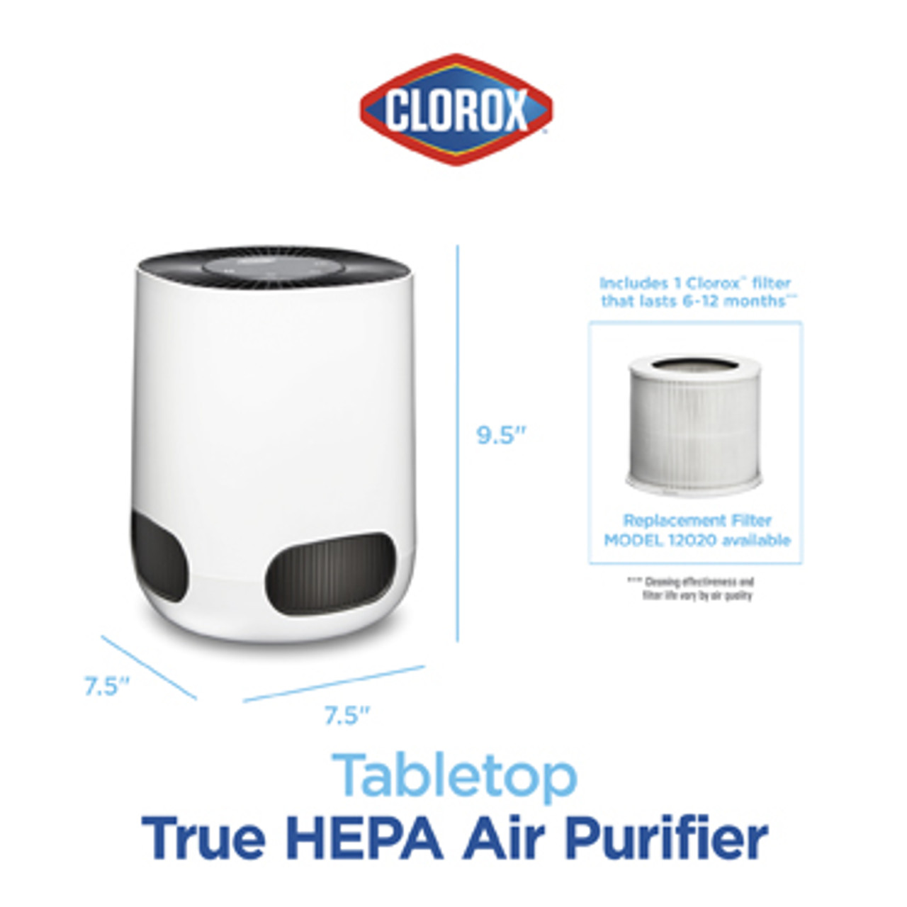 Clorox Tabletop True HEPA Air Purifier product dimensions. 9.5 inches tall, 7.5 inches wide. Replacement filter, model 12020