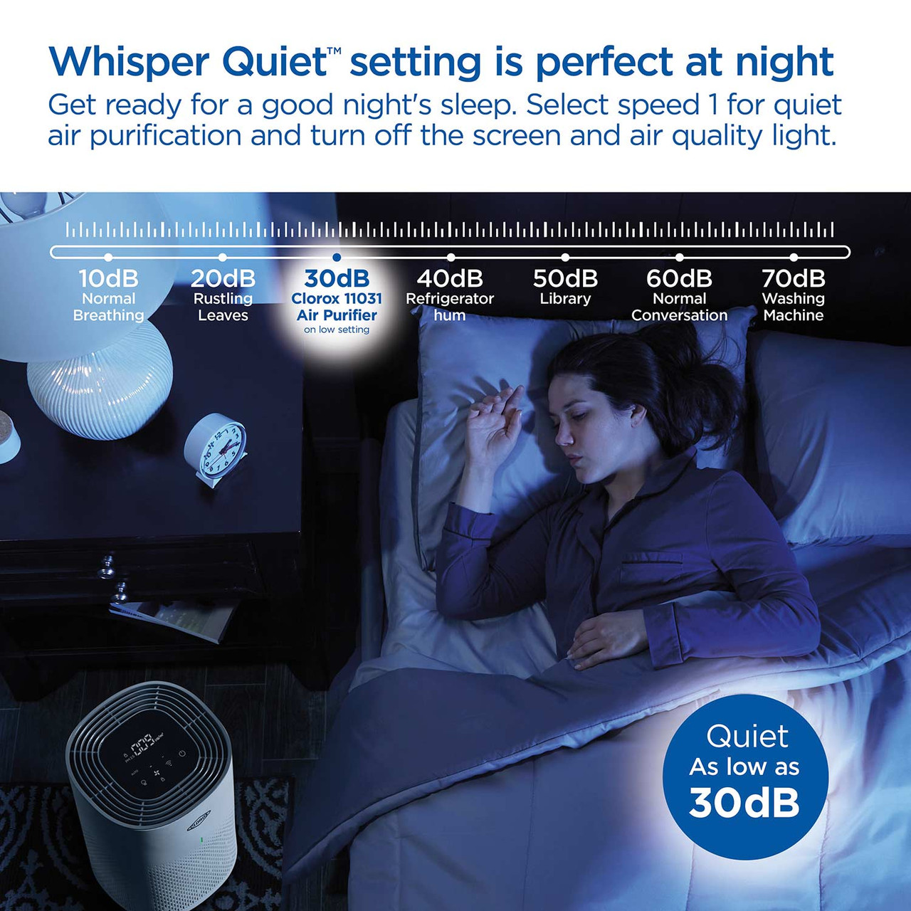 Whisper quiet setting is perfect at night, select speed 1 for quiet air purification and turn off the screen and air quality light