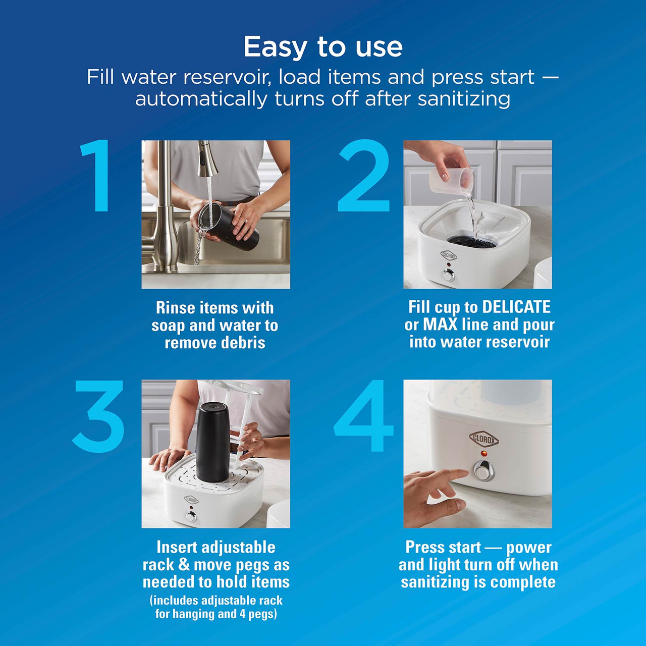 Easy to use, fill water reservoir, load items and press start - automatically turns off after sanitizing