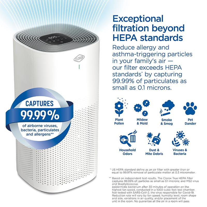 Exceptional filtration beyond HEPA standards, captures 99.99 percent of airborne viruses, bacteria, particulates as small as .3 microns, and allergens.