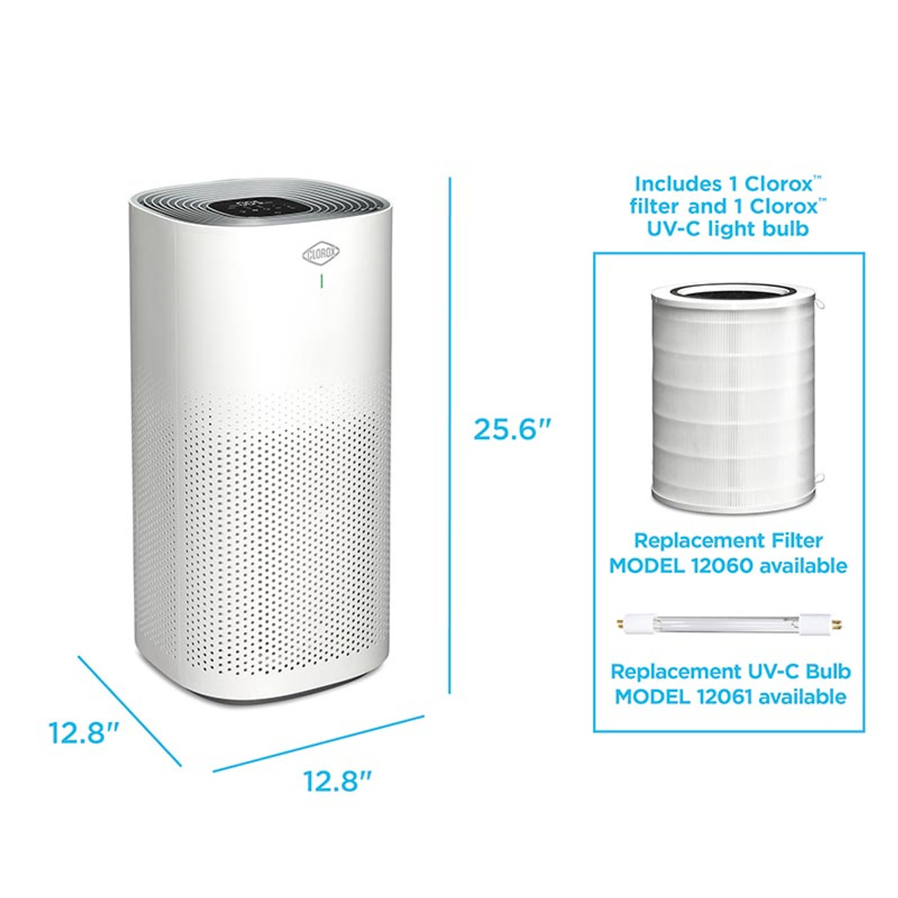The purifier is 25.6 inches tall and 12.8 inches in diameter, the box includes 1 filter model number 12060 and one UV-C bulb model number 12061