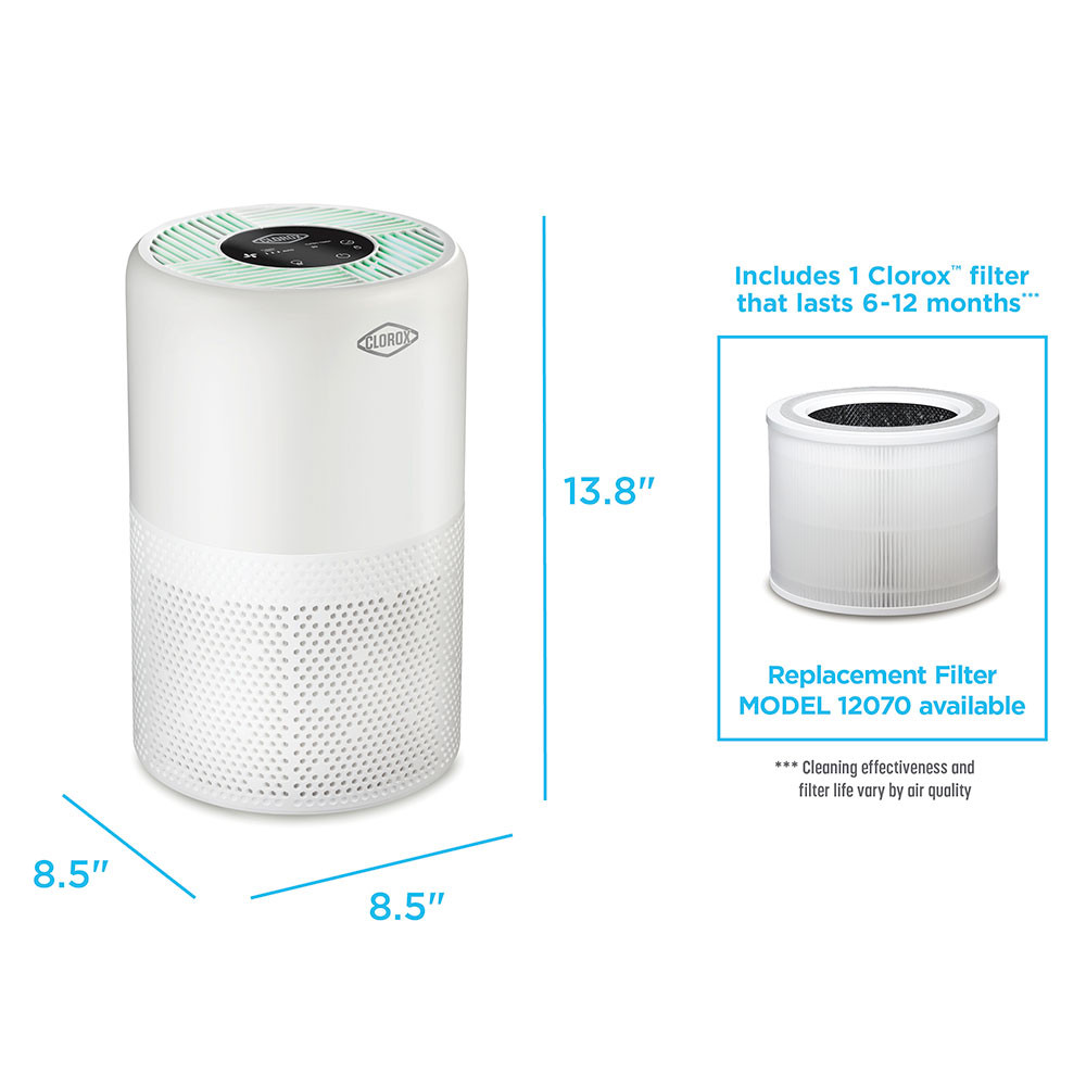 Air purifier is 14 inches tall and 8.5 inches in diameter. includes 1 Clorox™ filter that lasts 6 to 12 months, replacement filter model 12070 available