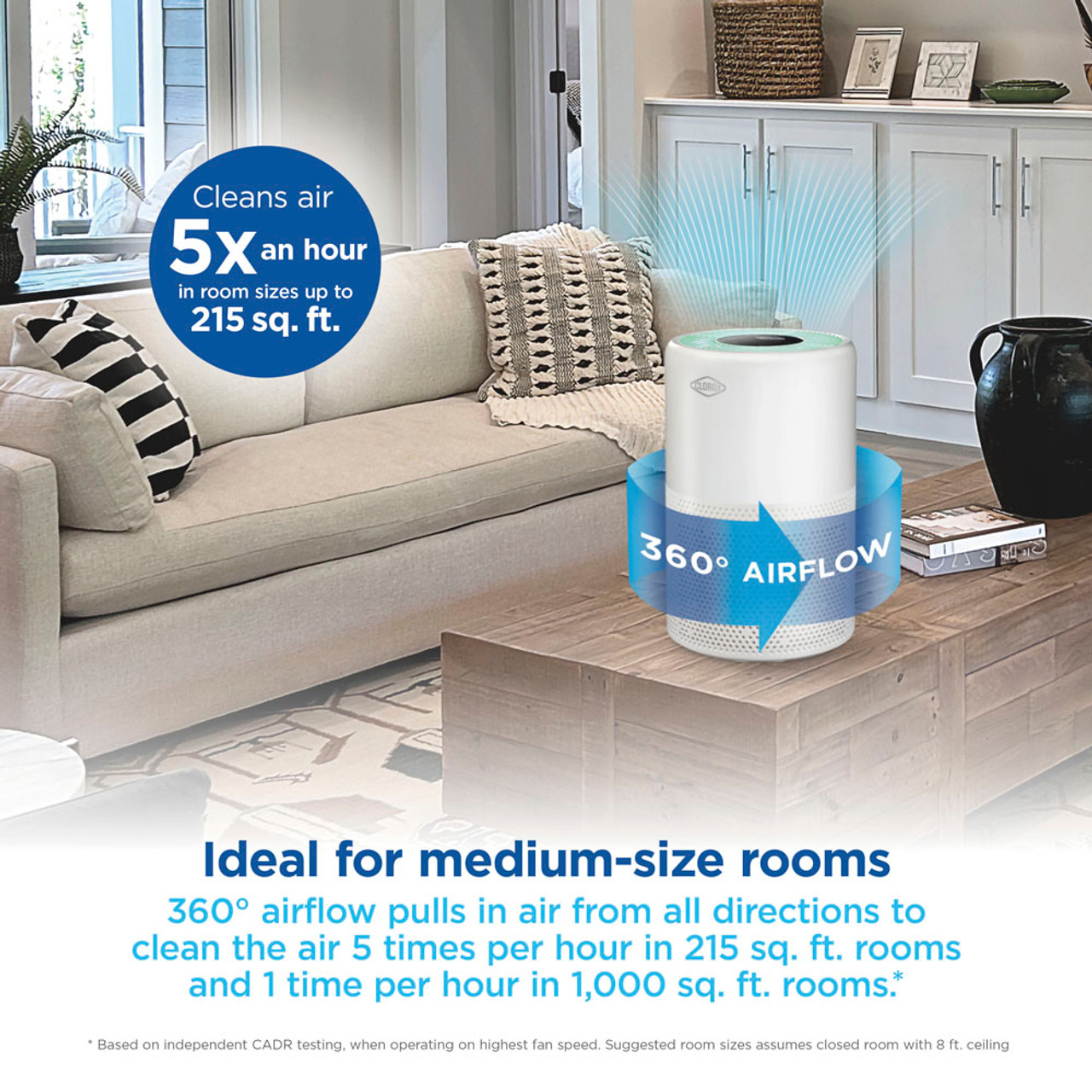 Ideal for medium sized rooms, 360 degree airflow pulls in air from all directions to clean the air 5 times per hour in 215 square foot rooms and 1 time per hour in 1,000 square foot rooms