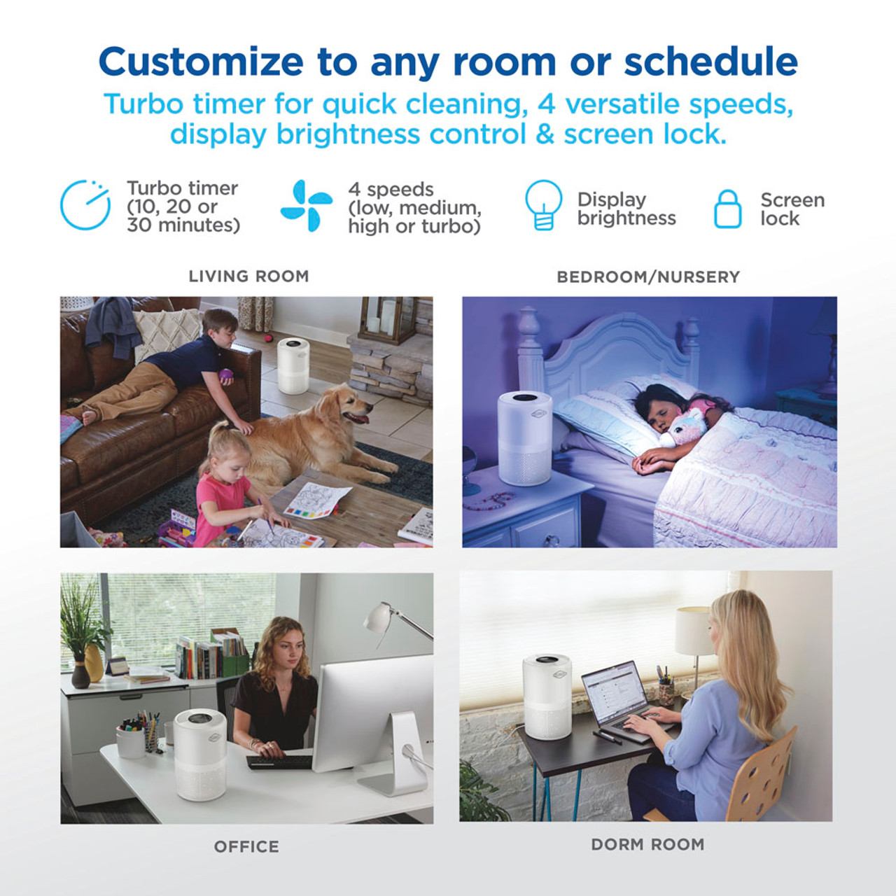 Customize to any room or schedule, Turbo timer for quick cleaning, 4 versatile speeds, display brightness control and screen lock