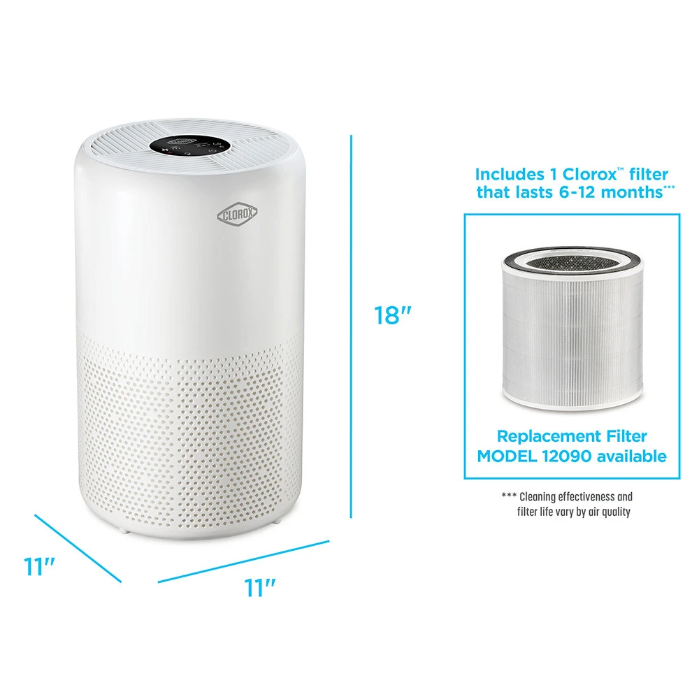 Air purifier is 18 inches tall and 11 inches in diameter. Includes 1 filter that lasts 6 to 12 months, replacement filter model 12090 available