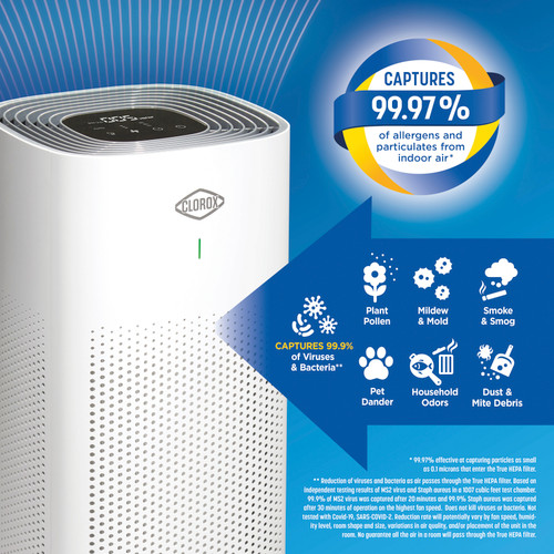 With the Clorox™ Large Room Air Purifier, you can breathe easier. True HEPA filtration captures 99.97%* of particles as small as 0.3 microns and 2 additional filters to capture larger particles and odors.