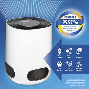 The Tabletop Air Purifier has True HEPA filtration to capture 99.97% of particles as small as 0.3 microns and a  pre-filter to capture larger particles.
