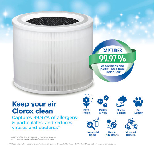 Keep your air Clorox Clean, reduces 99.7% of allergens and particulates and reduces viruses and bacteria. Keep your air Clorox Clean, reduces 99.7% of allergens and particulates and reduces viruses and bacteria.