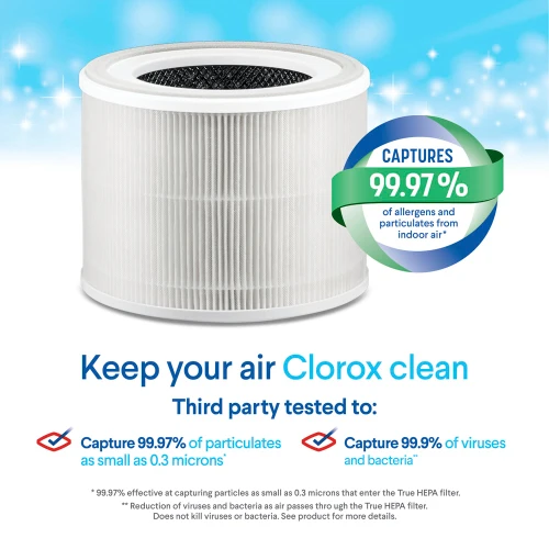 Keep your air Clorox Clean, reduces 99.7% of allergens and particulates and reduces viruses and bacteria.