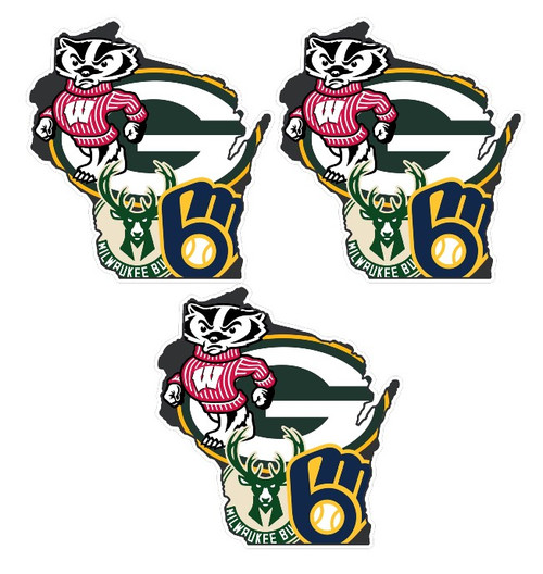 Wisconsin multisport vinyl decal with Green Bay Packers, Milwaukee Bucks, Milwaukee Brewers, and Wisconsin Badgers logos in state outline