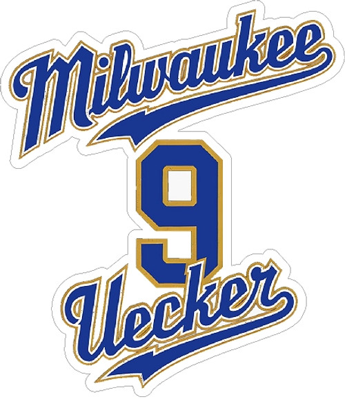 Bob Uecker Milwaukee #9 vinyl sticker decal in Brewers blue and gold with script lettering, waterproof tribute design for fans and collectors.