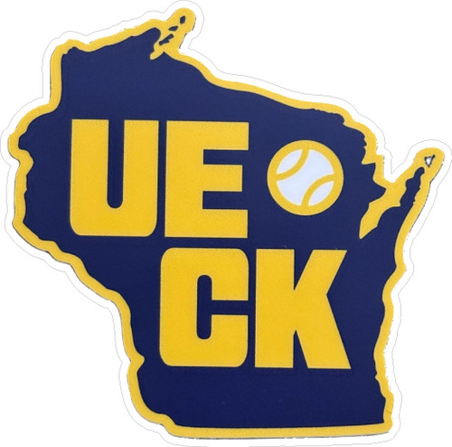 2 Inch Bob Uecker Wisconsin-shaped vinyl sticker decal in navy and gold with UECK lettering and baseball design, waterproof Brewers fan decal.