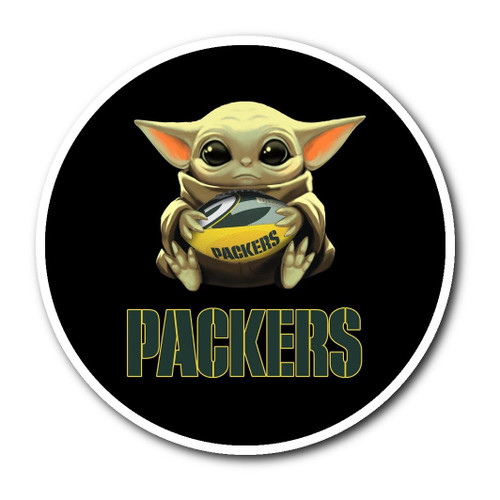 Green Bay Packers round Baby Yoda vinyl decal sticker featuring Baby Yoda holding Packers gear. Durable, waterproof, UV-protected design for cars, laptops, tumblers, and more.
