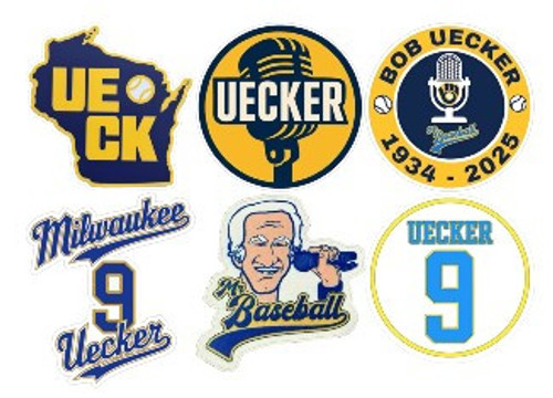 2 inch Bob Uecker 6-pack vinyl sticker decal bundle featuring six unique designs including tribute, #9, caricature, microphone, and Wisconsin state graphics.