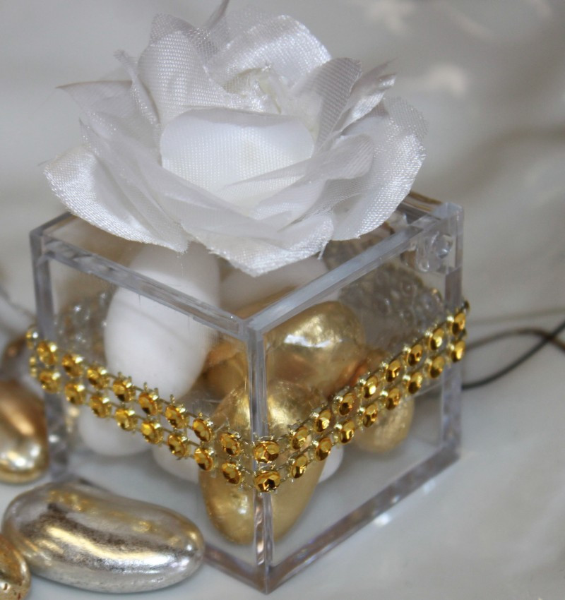 7 Jordan Almonds Favor in Clear Favor Box with White Rose