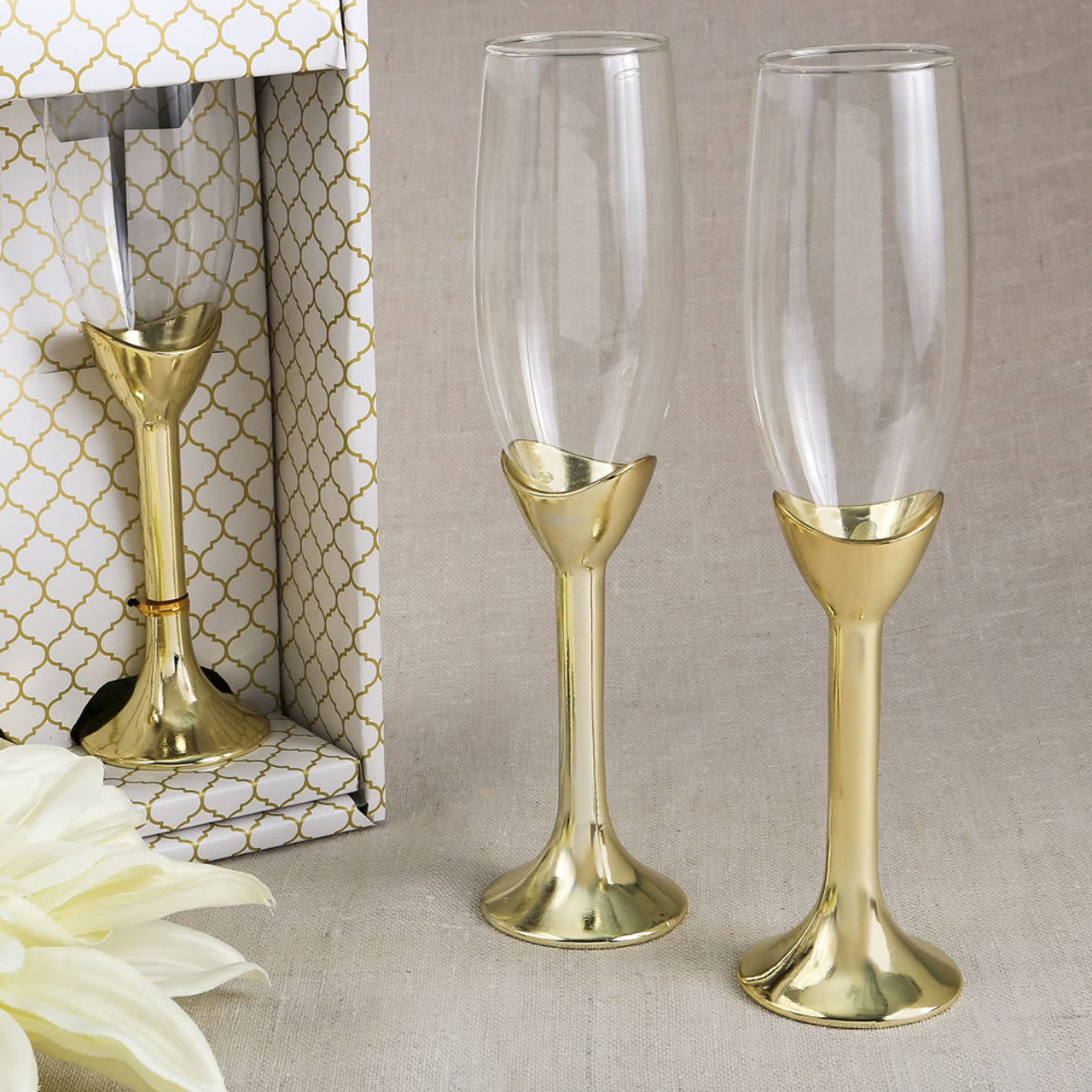 Champagne Flutes Set Of 2 With Gold Plated Stems
