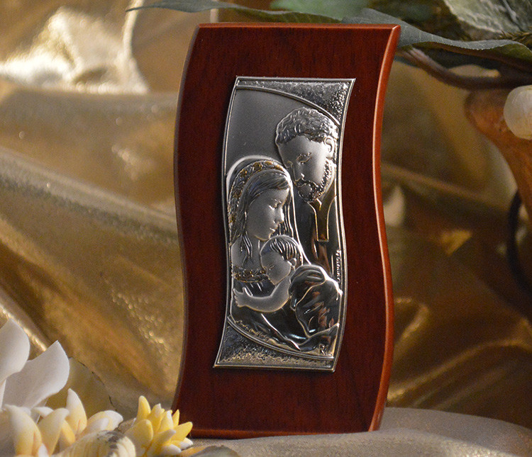 Italian Silver Holy Family icon on a Wavy wood stand