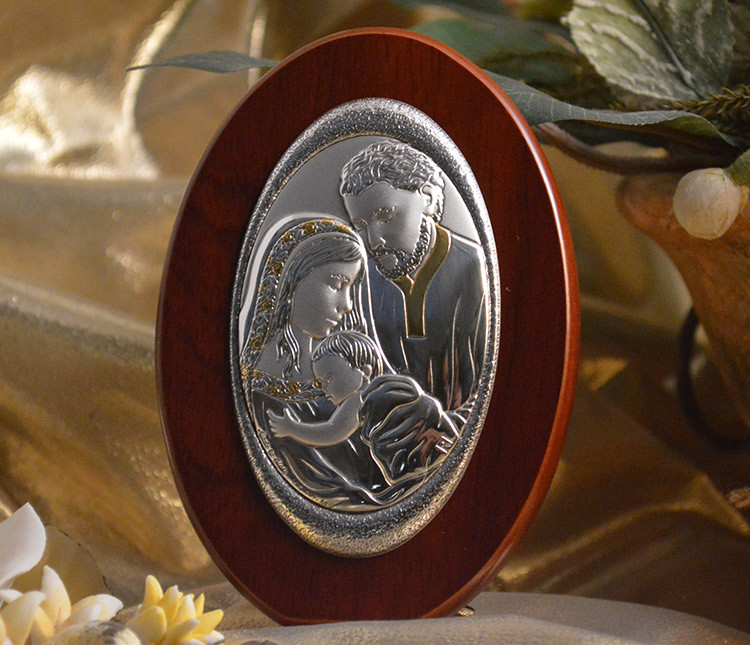 Italian Silver Holy Family icon on an Oval wood stand