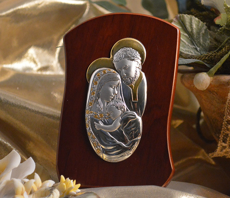 Large Italian Silver Holy Family icon on a Teardrop wood stand