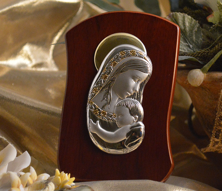 Large Italian Silver Mother and Child icon on a Teardrop wood stand