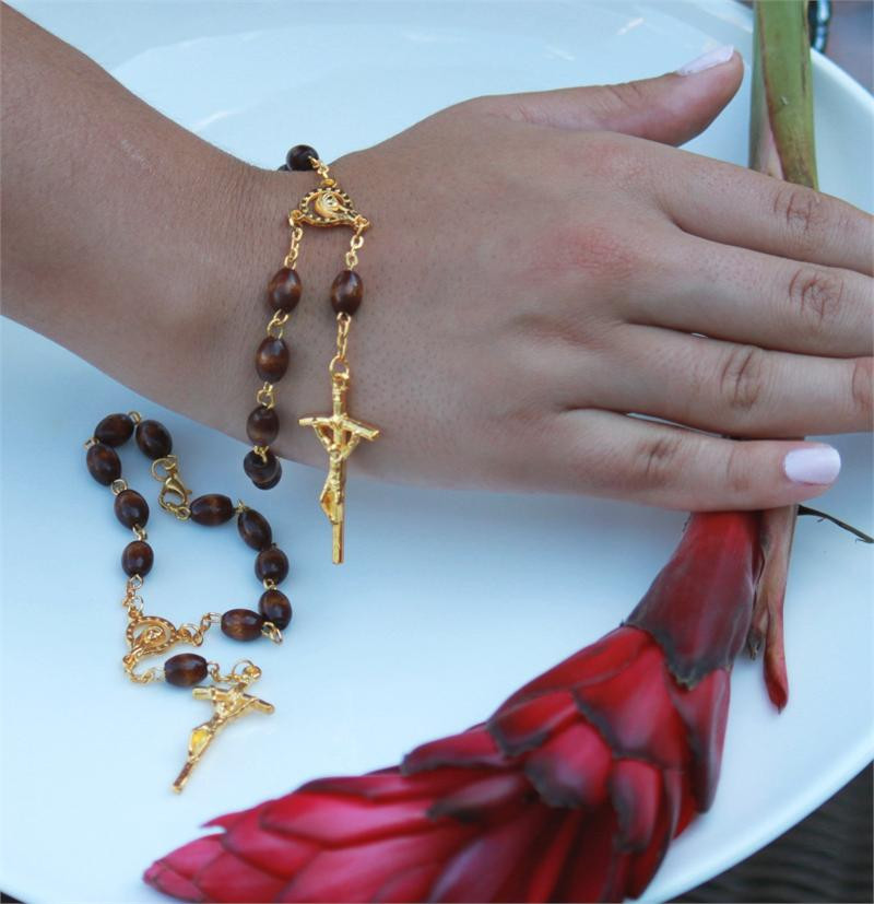 Wood Italian Mini Rosary Bracelet with Gold Chain Papal Cross