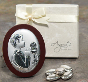 Large Argento Communion Boy Icon on Oval Cherry Wood - Imported from Italy Large Argento Communion Boy Icon on Oval Cherry Wood - Imported from Italy