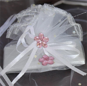 Silver Chocolate Favor in Tulle Pouch with Crystal Charms