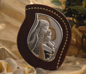 Italian Silver Holy Family Icon On an Eye Drop Wood Stand with Swarovski Crystal